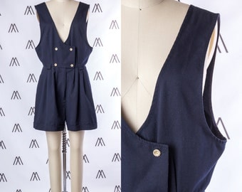 1940s Navy Blue Nautical Pleated Sleeveless Romper