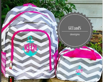 Monogrammed backpack and lunch bag-Pink and Grey Chevron with anchor monogram