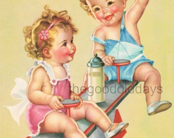 Adorable vintage style babies playing nursery room image photo scrap booking digital image print clip art