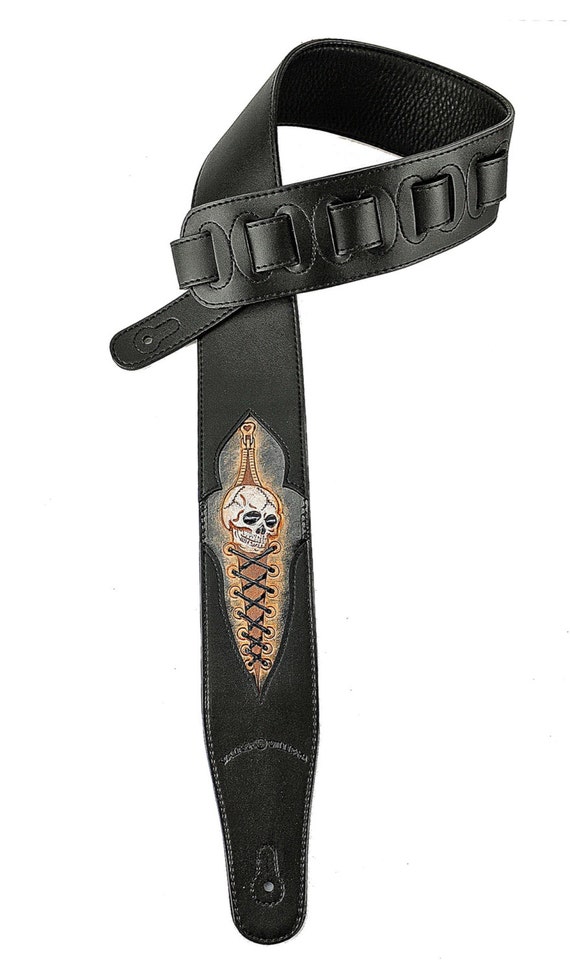 Black Leather Guitar Strap Hand Tooled Skull Design CVG31