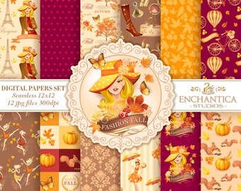 Autumn Digital Paper, Fall Digital Paper, Digital Paper Autumn, Fall Digital Background, Pumpkin Paper, Fall Patterns, Seamless, Scrapbook