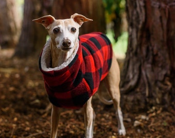 Medium* Italian Greyhound Red Black Lumberjack Check Fleece Jacket. Dog Sweater. Sighthound coat. Dog pajamas. Italian Greyhound Clothing.