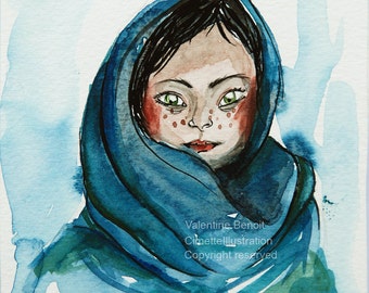 Original painting of a woman with freckles and dark hair wearing a green scarf blue, original illustration