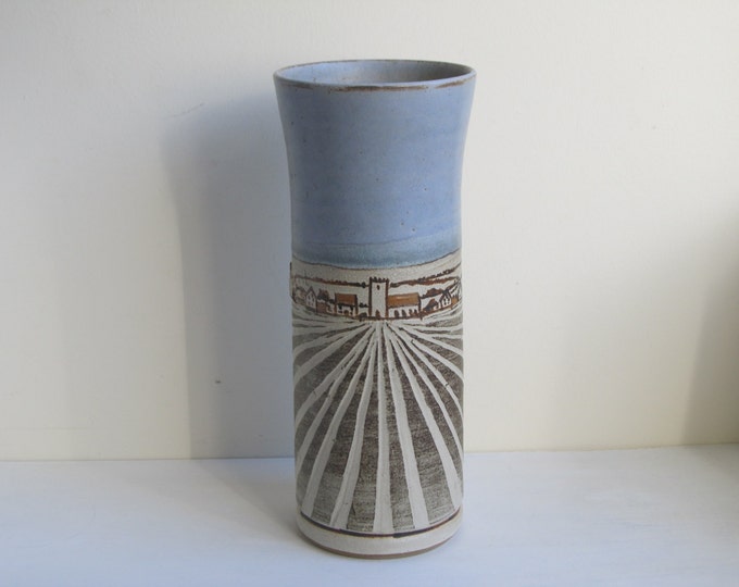 Studio pottery vase, English art pottery piece, Rural farmland village scene, plowed fields and cornflowers. home decor collectible