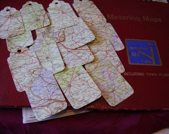 15 PAPER Road map tags ~ die cut from original vintage maps