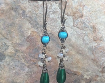 TURQUOISE, MOONSTONE, and MALACHITE earrings, Multi gemstone jewelry, handmade artisan earrings, Angry Hair Jewelry