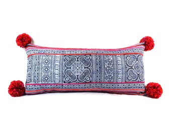 Batik Hmong Textile Pom Pom Lumbar Pillow - Bohemian Rectangle Linen Decorative Pillow- Filler Included