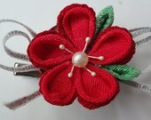 Red Kimono Fabric Flower Sakura Plum Hair Clips, Barrettes, Brooch, Tsumami Kanzashi, Girl Hair accessory, Women Brooch,