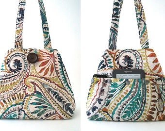 shoulder tote converts to hobo bag, shoulder bag, womens handbag, fabric purse, everyday bag ,tote with pockets, paisley bag,