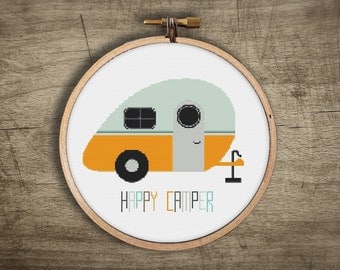 modern cross stitch pattern ++ vintage retro fun summer craft ++ pdf INsTAnT DOwNLoAD ++ diy ++ hipster camping trailer ++ handmade design
