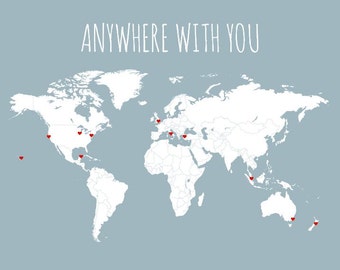 Husband Gift, World Map, Travel Map, DIY Gifts for Him, Anywhere With You, Boyfriend Gift, Couples Travel Map, Travel Decor