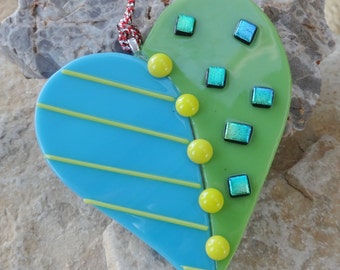 Fused Glass Heart Suncatcher, Blue and Green Glass Heart, Glass Valentine Heart Suncatcher, Stained Glass, Valentine Suncatcher