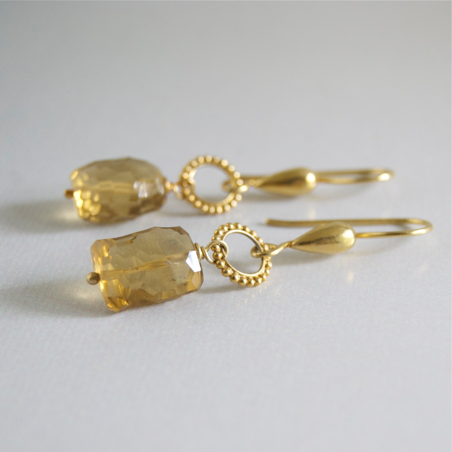 Gold Quartz Earrings Faceted Quartz Dangling by ElektraJewelry