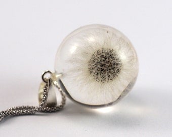 Whole Dandelion Pendant, Medium Resin Round with Sterling Silver Chain