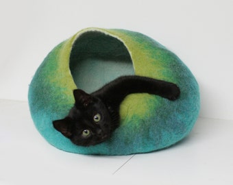 Cat Cave Bed House Vessel Furniture Cocoon - Hand Felted Wool - Teal Green Bubble Crisp Contemporary Modern Minimal Design READY TO SHIP