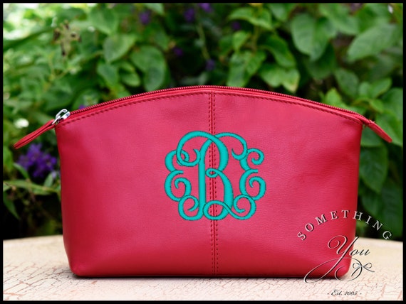 Red Monogrammed Leather Cosmetic Bag Personalized Leather