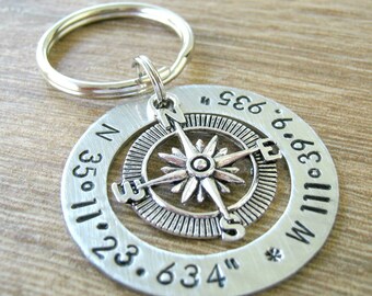 Longitude Latitude Keychain, GPS coordinates keychain, alkeme washer, location keychain, navigation, wedding gift, anniversary gift