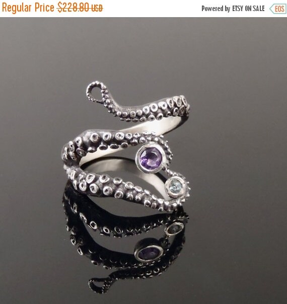 SALE Wicked tentacle ring amethyst and topaz Wedding by OctopusMe