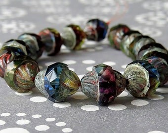 Amethyst Sapphire Jonquil Picasso Czech Glass Turbine Bead Antique Style Faceted 11x10mm Oval : 10 pc Tri Color Turbine Czech Bead