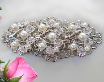 Wedding Barrette, Pearl Hair clip, Bridal Hair Comb, Ivory Pearl, Bridal hair Clip, Bridal Barrette, Silver & Crystal, Pearl Barrette