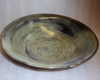 Pottery Serving Bowl - Black and Green with a Swirl Inside - Wheel Thrown