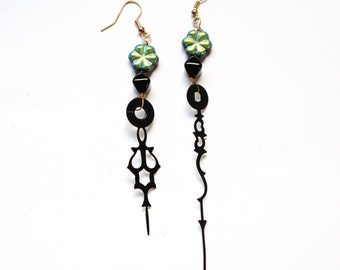 Steampunk Clock Hand Earrings - Neo Victorian Iridescent Black Glass