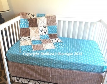 Rustic Deer/Buck Chevron Wood Grain Turquoise Brown Beige & Black Baby Nursery Crib Bedding Set made with Designer Fabrics MADE TO ORDER
