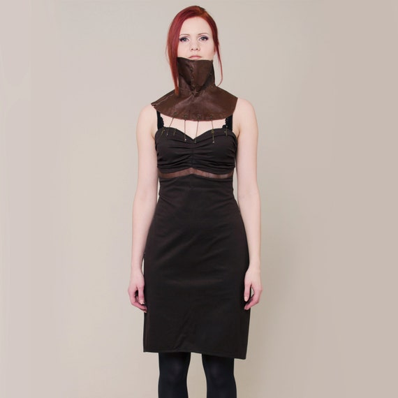Brown steampunk dress and leather face mask, Chains and full face mask, Cosplay outfit, steampunk mask, fetish dress, chains dress by MASQfashion steampunk buy now online