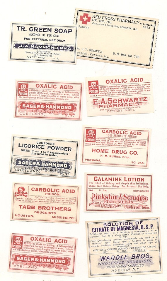 55 1930s plus DrugstorePharmacy Poison and Medicine Labels