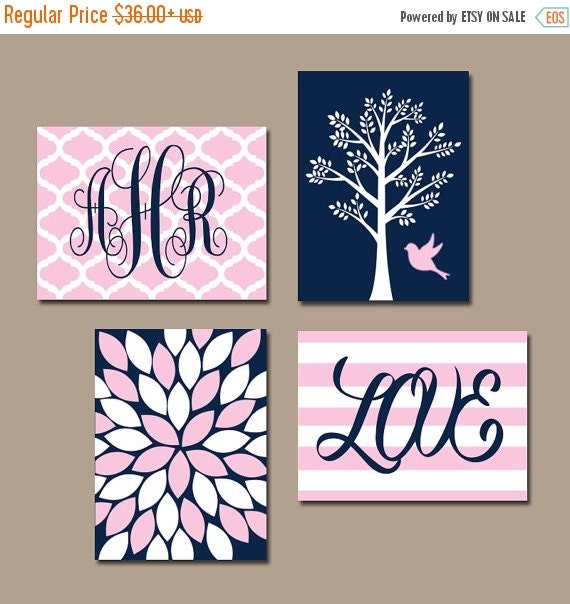 NAVY PINK Nursery Wall Art Baby Girl Nursery Artwork by TRMdesign