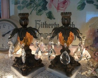 true orange color vintage ornate hollywood regency candle holder pair, autumn, fall harvest décor, marble bases, crystal prisms, brass