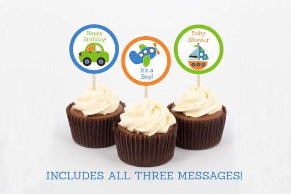 Transportation Cupcake Toppers / Transportation Baby Shower / Car Cupcake Topper / Airplane Cupcake Topper / Sailboat / INSTANT DOWNLOAD Il_570xn