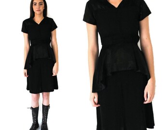 1940s vintage dress black crepe SATIN minimal black peplum sheath dress LBD little black dress small size 4 5