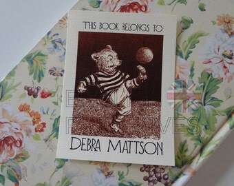 Children's Bookplates Bear Soccer Ball Football Antique Print Identification Personalized - EnglishPreserves