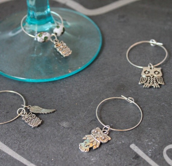 Set of 4 Owl Wine Glass Charms White Enamel Flowers Owl