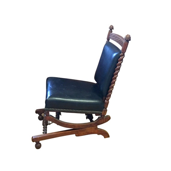 1880s Sliding Rocking Chair Leather & Wood Victorian