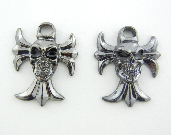 Pair of Gothic Hematite Skull on Crosses Charms