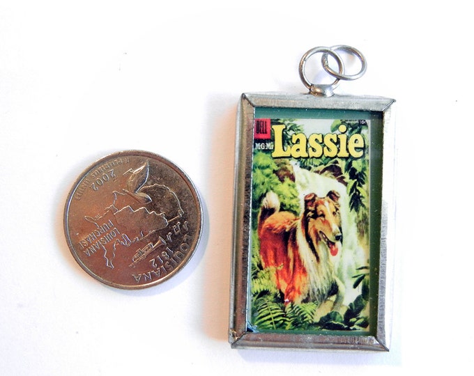 Lassie Dog Charm in Metal Frame Under Glass Double Sided