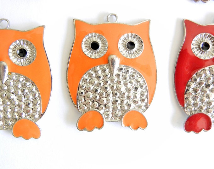 6 Silver-tone Pink, Brown, Orange and Red Epoxy Owl Charm Pendants