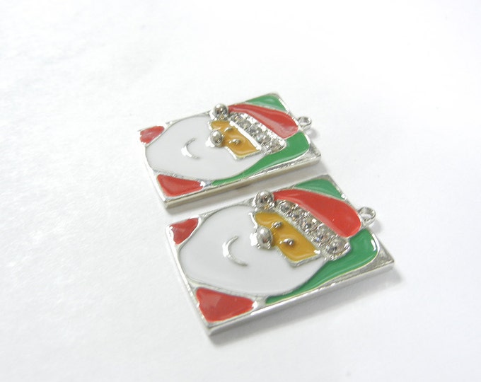 Pair of Santa Head Charms Rectangular with Rhinestones and Red and Green Epoxy