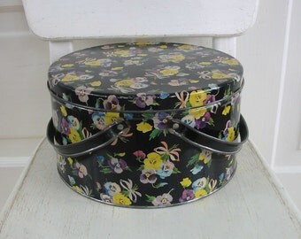 Vintage Metal Tin Basket Box Biscuit Flowers Pansies Black Yellow