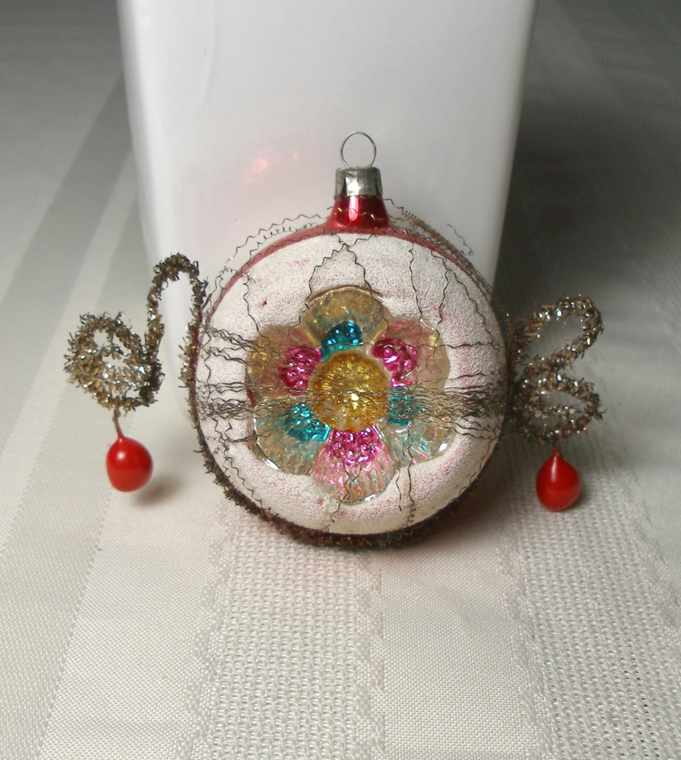 Antique German Tinsel Wire Wrapped Ornament Double Indent