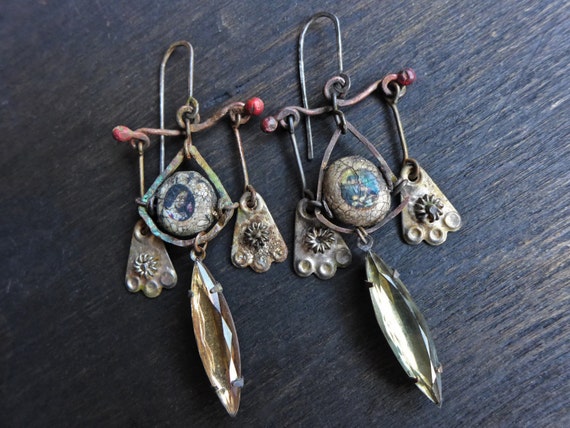 Telegnosis. Rustic mixed media artisan chandelier earrings with polymer art beads.