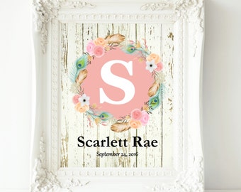 Personalized Nursery Print, Baby Girl Nursery Wall Decor, Nursery Wall Art, Girl Wall Art, Floral Monogram, Coral Pink Teal Nursery Artwork