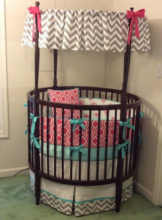 Round Crib Bedding Set in Gray Aqua and Pink