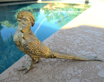 Vintage Brass Bird Statue Long Tail Pheasant Crest Mid Century Modern Sculpture Figurine