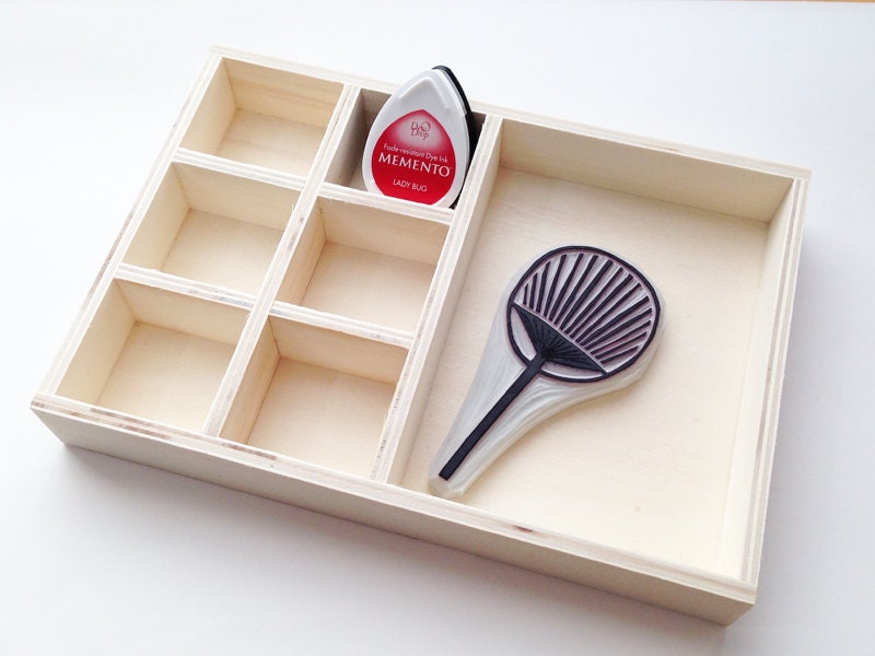 rubber stamp storage box. ink pad tray. wooden desk organizer.