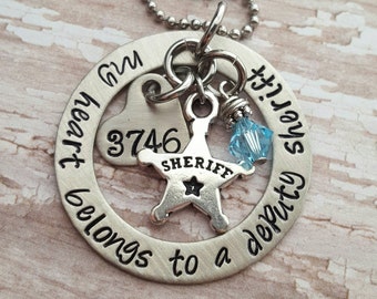 Custom hand stamped, Personalized, JBK, My Heart Belongs to A Deputy Sheriff washer style necklace