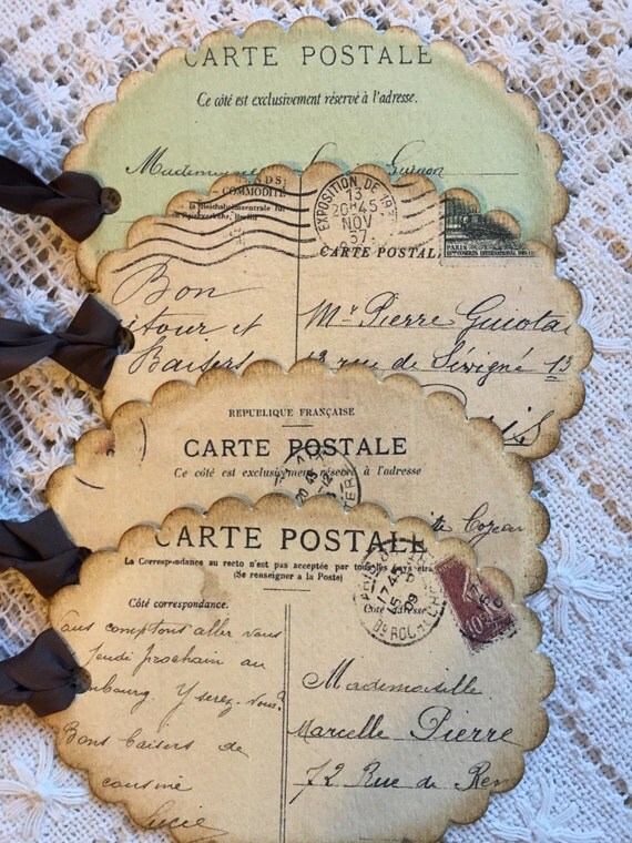 Set of 4 French inspired Carte Postale scalloped tags