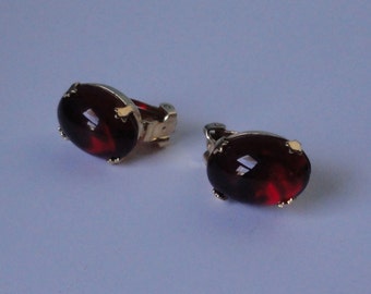 Vintage SCHREINER New York Gold Tone with Red Oval Cabochon Glass Earrings.